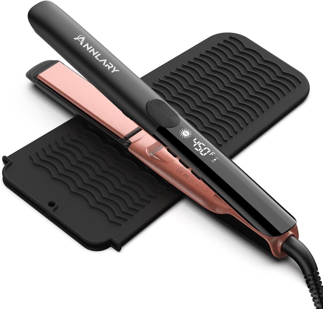 Annlary Hair Straightener, 1 Inch Flat Iron Hair Straightener and Curler 2 in 1, Professional Ceramic Ionic Dual Voltage Flat Iron with Anti-Iron Silicone for Less Frizz, Shinier & Smoother Hair (Matte Black)