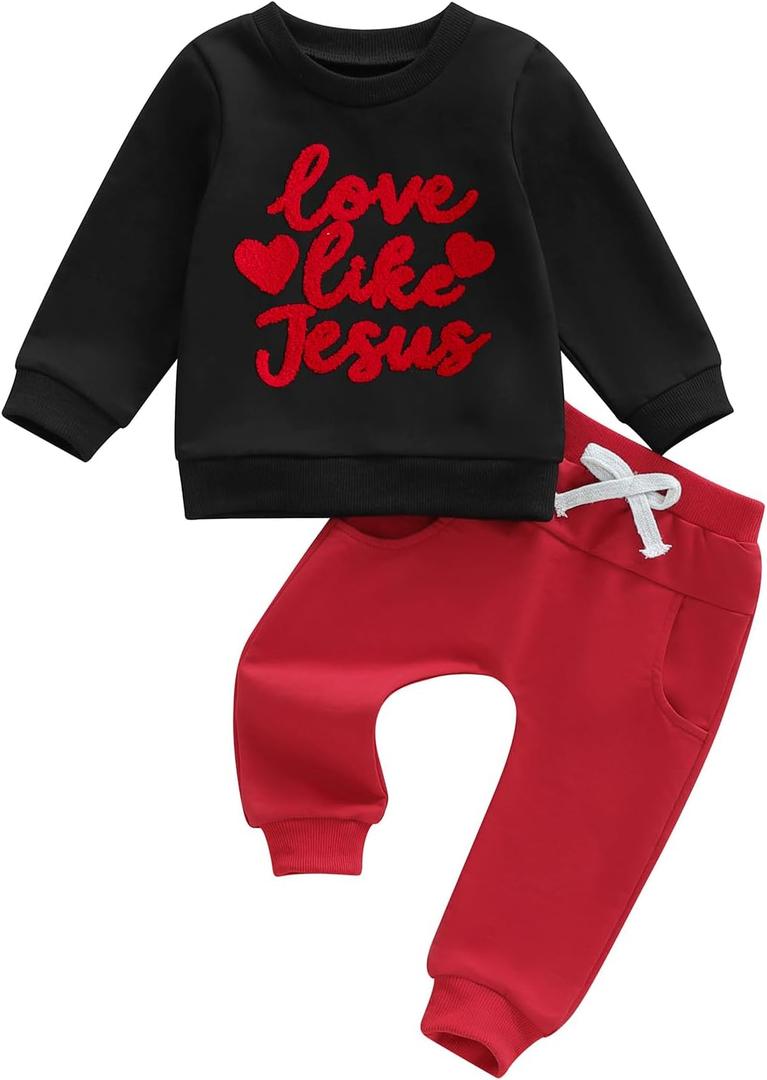 Douhoow Baby Boy Valentines Day Outfit Letter Print Sweatshirt Long Joggers Pants Boys Girls Festival Clothes