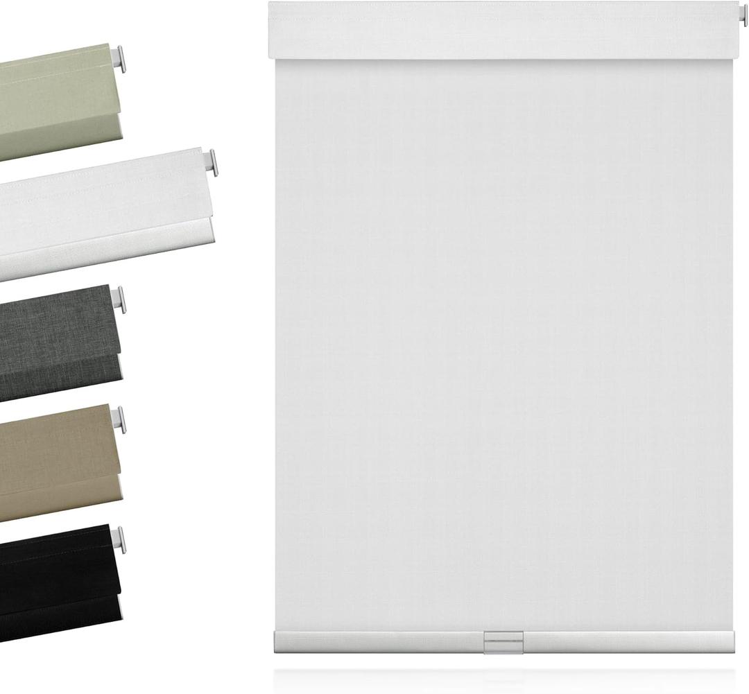 No Drill No Tools Blackout Roller Shades for Windows, Cordless Blinds with Linen Fabric-Matched, Custom Roller Blinds for Home Office Door, White, Custom Size