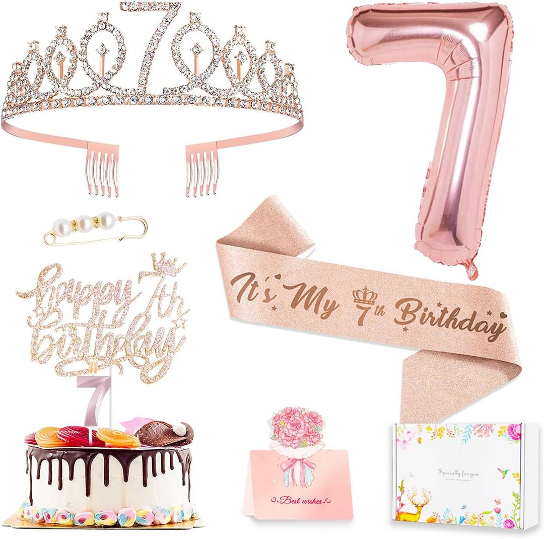 7th Birthday Decorations for Girls, Including 7 year old Birthday Cake Topper, Queen Sash with Pearl Pin, Sweet Rhinestone Tiara Crown, Number Candles and Balloons Set, Rose Gold