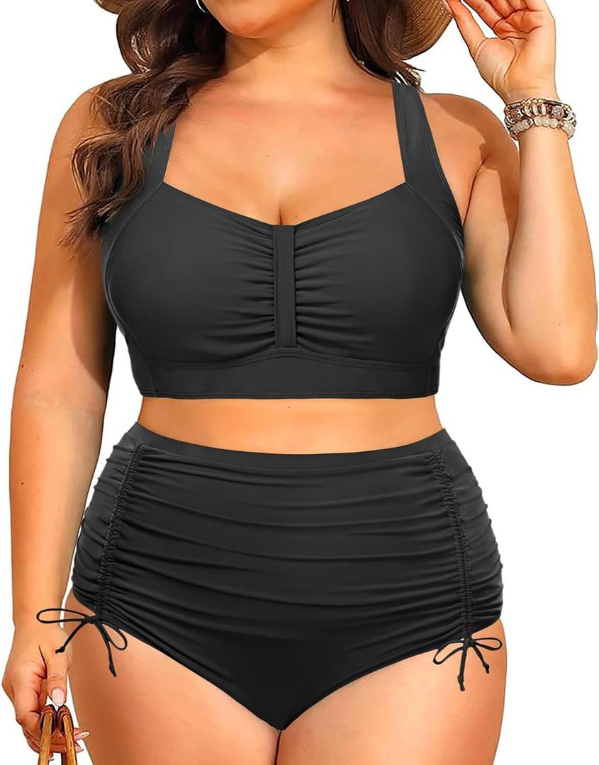 Plus Size High Waisted Bikini - Women Two Piece Swimsuits Tummy Control Bathing Suits with Drawstring Ruched Bottom 2025 Black XL