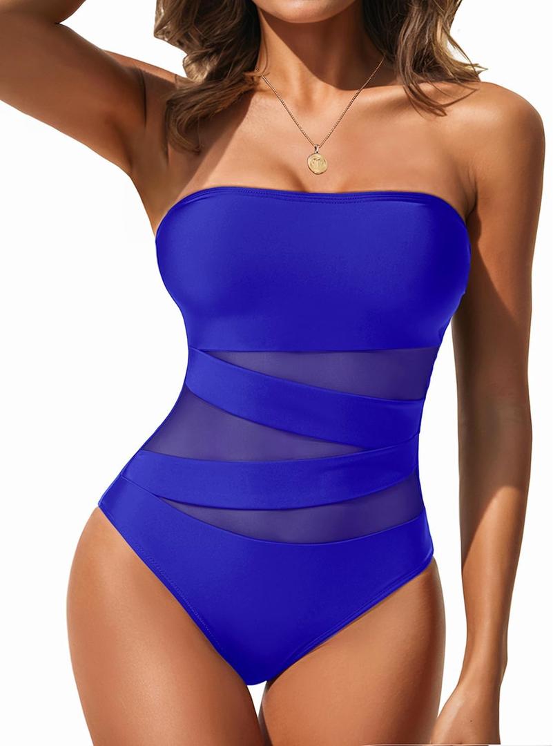 Holipick Women Strapless Bandeau One Piece Swimsuits Sexy Mesh Cutout Bathing Suits Tummy Control Swimwear (Large, Royal Blue 1)