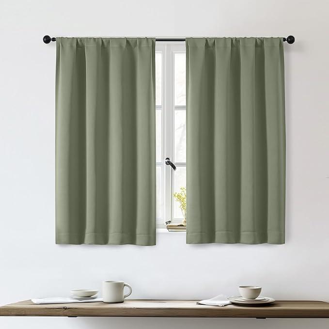Sage Green Short Blackout Curtains for Bedroom Living Room 45 Inch Length 2 Panels Set, Solid Thermal Insulated Energy Saving Window Treatment Curtains Drapes, 2 Line 46x40