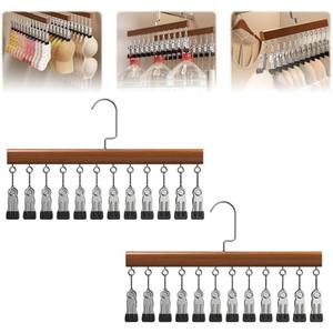 2Pcs Loset Organizer with 12 Clips,Wooden Wangers with Wlips,Wace Saving Hanging Closet Organizer,Space-Saving Hat Scarf Clothespins,Pant Hangers with Clips(Brown)