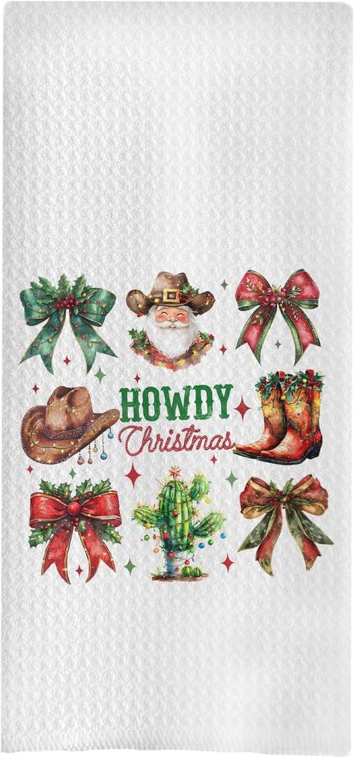 5 x Western Christmas Decor Kitchen Towels, Cowboy Christmas Decor Hand Towels for Bathroom, Coquette Red Green Bow Christmas Dish Towels for Kitchen, Western Christmas Bathroom Kitchen Decor, 16x24 Inch (Sdfg15--13)
