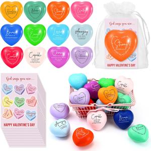 Meooeck 12 Sets 2.75 Inch Happy Easter Christian Day Heart Stress Balls Bulk with God Says Greeting Cards Motivational Stress Relief Balls for Religious Easter Coworker Exchange Gifts (Bright Colors)