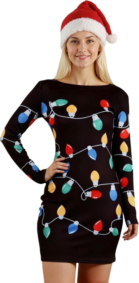 DANAZANA Women's Christmas Printed Tunic Dress Long Sleeve Crewneck Casual Costume Bodycon Dresses (Medium)