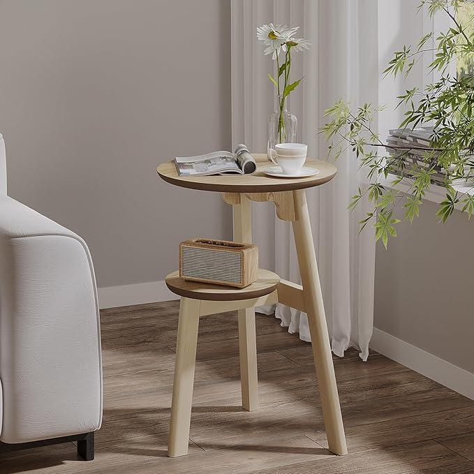 ChooChoo Round End Table for Small Spaces, Narrow Side Table, Accent Table Night Stand with 2 Tier Shelf for Bedroom and Living Room, Natural ChooChoo Round End Table for Small Spaces, Narrow Side Table, Accent Table Night Stand with 2 Tier Shelf for Bedroom and Living Room, Natural