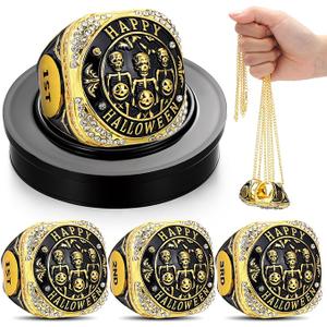 Highergo Halloween Skeleton Championship Trophy Rings - Costume Contest Prize Gift with Display Neck Chain & Bat Championship Ring Holder