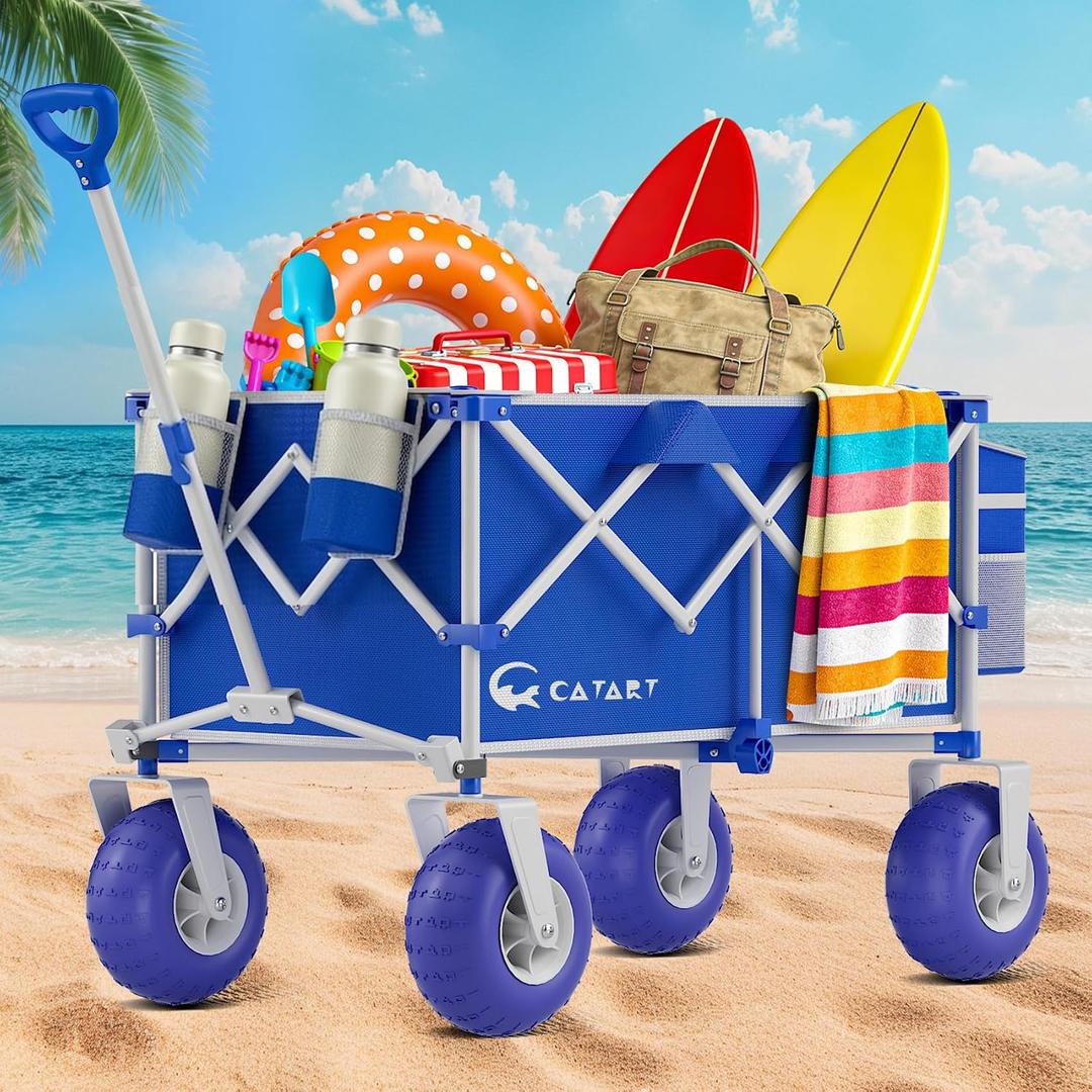 CAtArt Beach Wagon with Big Wheels for Sand, 400LBS Heavy Duty Foldable Wagons Carts, 9" All-Terrain PVC Inflatable Tires, Easy Storage for Beach, Grocery Shopping, Sports Camping (Blue)