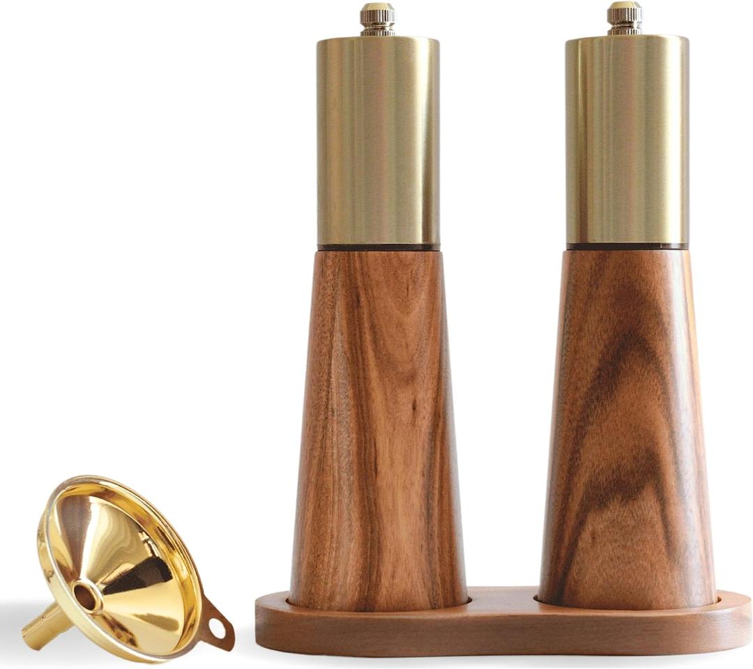 Gold Salt and Pepper Grinder Mill Set With Wood Base, Free Gold Funnel,Stainless Steel Manual Salt Shaker and Pepper Mill,Adjustable Thickness,Suitable For Kitchen (Salt & Pepper Grinder)