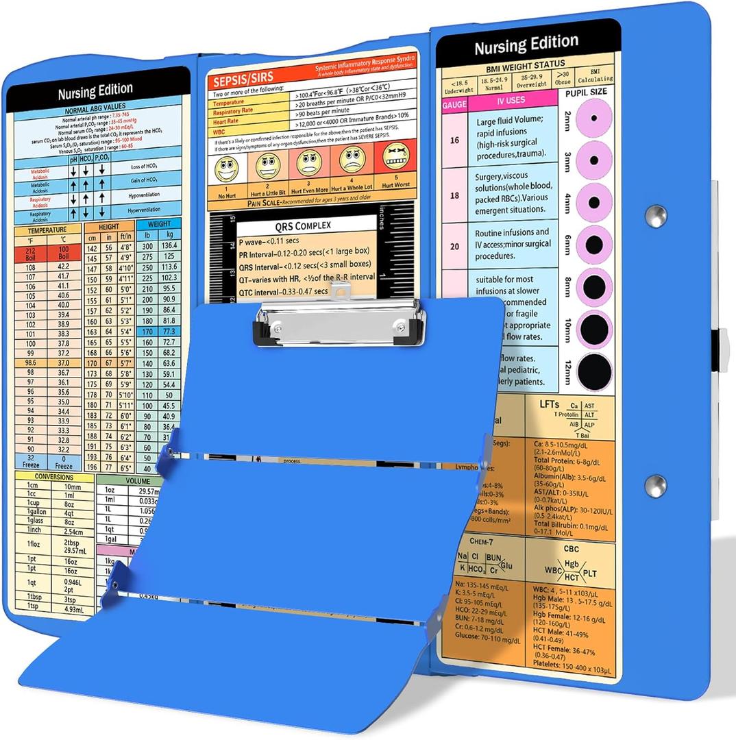 Nursing Clipboard Foldable, Aluminum Nursing Clipboard with Nursing and Medical Edition Cheat Sheets 3 Layers Foldable Clipboard Nursing Pocket Size Clipboard Notepad for Nurses Students and Doctors