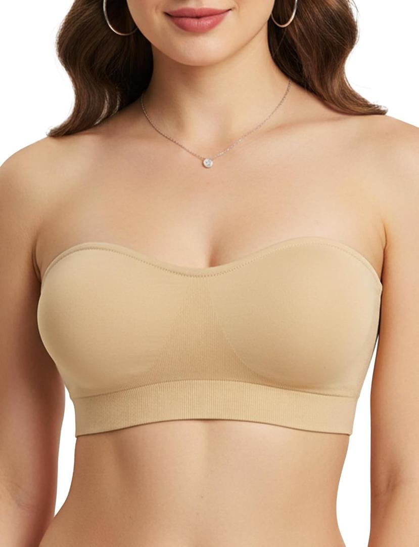 ZENUTA Strapless Bras for Women, Non-Slip Silicone Bandeau Bra, Wireless Padded Bralette Push Up Bra Seamless Tube Top (L)