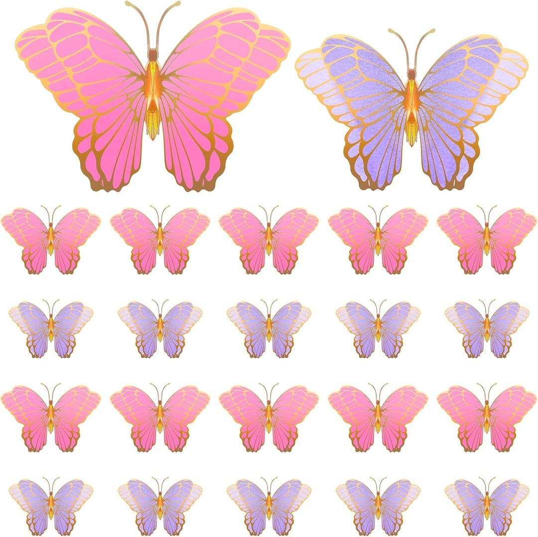 Wettarn 20 Pcs Butterfly Centerpieces for Tables Butterfly Party Decorations 3D Golden Table Toppers Centerpiece for Girl Party Birthday Baby Shower(12 x 9 In,10 x 7 In,Pink, Purple)