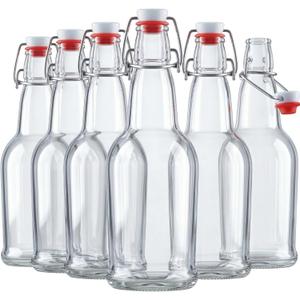 Swing Top Glass Bottles with Airtight Lids, Flip Top, for Carbonated Drinks, Kombucha Bottles, 2nd Fermentation, Water - 16 Ounces - 6 Pack