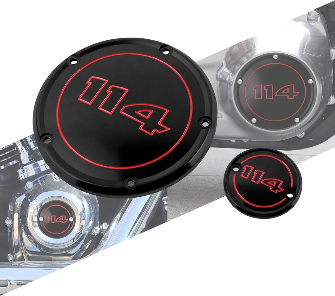 5 Hole Engine Derby Cover CNC Aluminum Fit for Harley Softail Street Bob Fat Bob Low Rider Fat Boy Heritage Classic Breakout 2022-2025 (Black with Red 114)