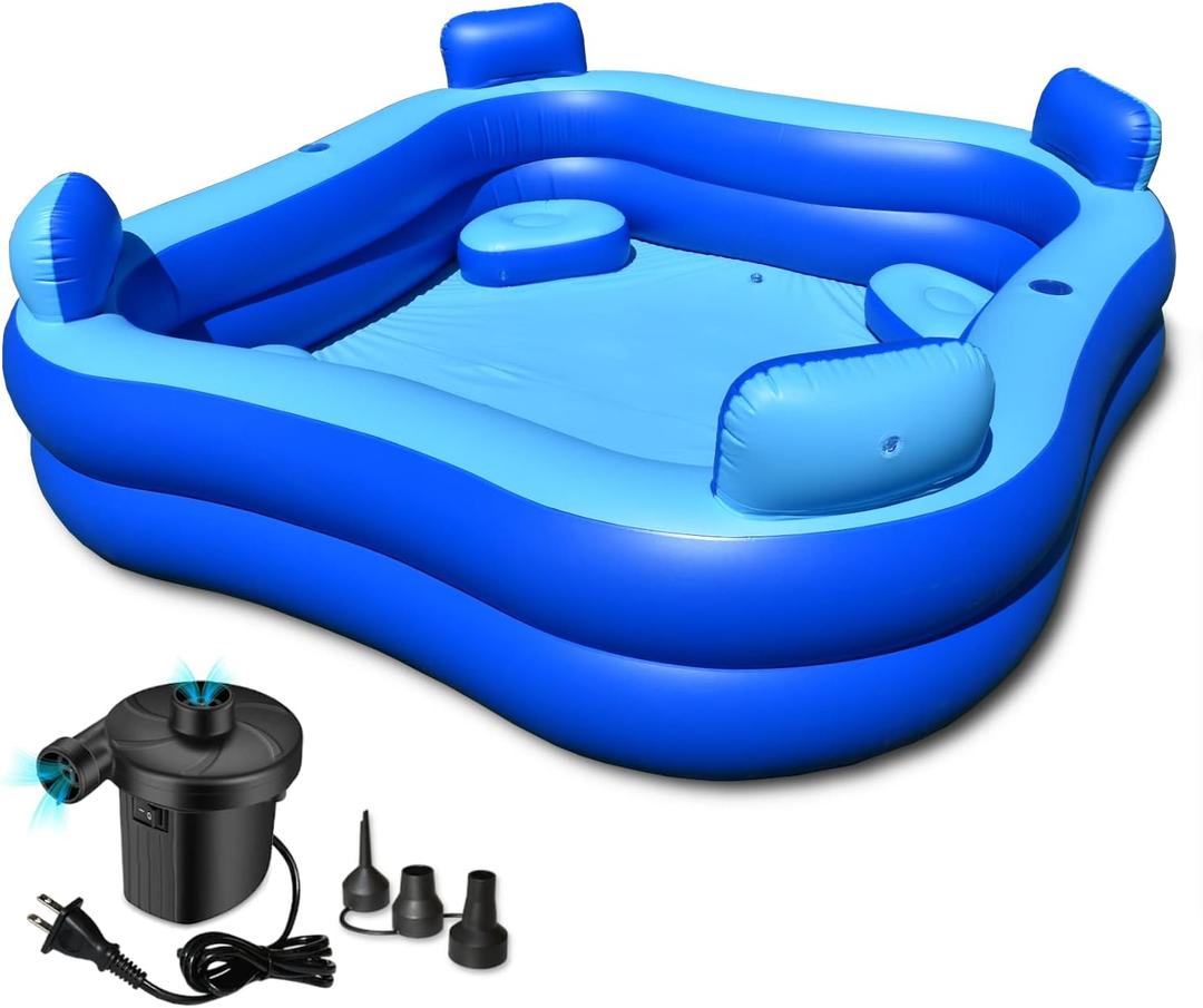 Inflatable Pool 8' x 8' - Seats and Headrests - Electric Pump Included