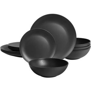 Dinnerware Sets 12 pcs Black Plates and Bowls Sets Melamine Plates Indoor and Outdoor use Matte Black Dish Set Plate Set for 4 Dishwasher Safe(Round)