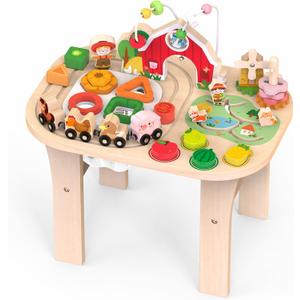 Weilim Montessori Activity Table for 1 Year Old Wooden Sensory Table Baby Activity Center with Bead Maze, Shape Sorter, Train Track, Farm Toddler Toy, Educational Standing Play Toys, Kids 12+ Months