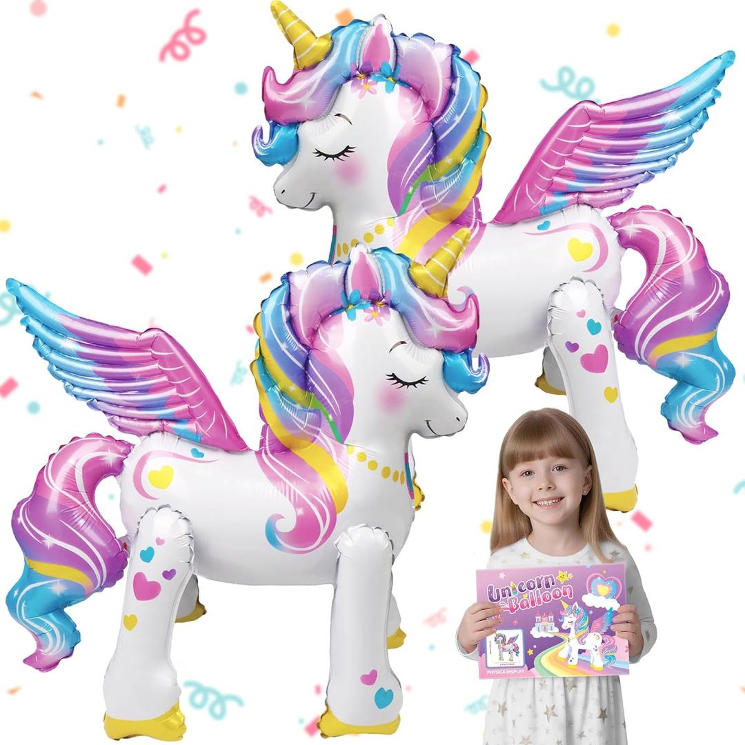 2 Pcs Unicorn Balloons Self Standing,Unicorn Birthday Decorations for Girls,26 Inch Foil Balloon for Birthday Party Baby Shower Wedding Party Favors Supplies Rainbow Balloon for Kids Gift