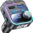 60W Bluetooth 5.4 FM Transmitter Car Adapter [Reinforced Dual Mics & Deep Bass] [Dual PD 60W & QC3.0] Fast Charging Handsfree Calling Wireless Radio Bluetooth Transmitter for Car [Black] (Black)