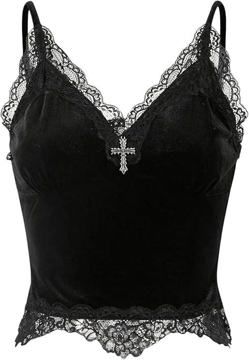 Milumia Women's Lace Trim V Neck Cami Top Velvet Gothic Clubwear Tops Small 