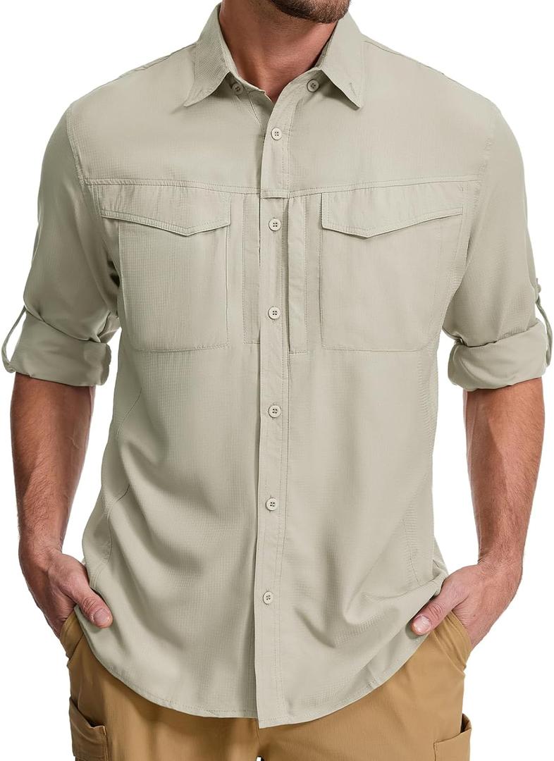 mixtiq Men's Sun Protection Safari Shirts Long Sleeve UPF 50 UV Quick Dry Travel Hiking Fishing Shirts with Zipper, L