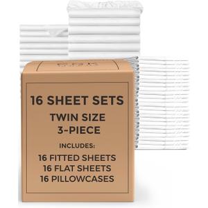 Bulk Case Pack of 16 Sheet Sets - (16) Complete Sheet Sets - Bulk Twin Bedding - Wholesale Case Pack for Hotels, Spa & Airbnbs - Deep Pocket, Fade & Wrinkle Free - Cooling & Breathable - Twin, White