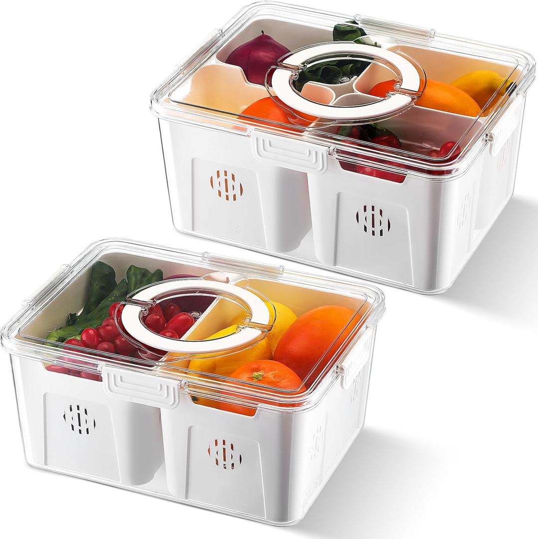 Nuogo 2 Pcs Airtight Fruit Storage Containers for Fridge with Lids, 4 Removable Colanders and 2 Removable Colanders Stackable Refrigerator Organizer Bins for Berry Fruit Vegetable Fresh Produce Saver