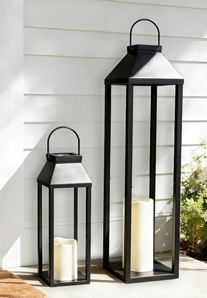Large Outdoor Solar Lanterns Waterproof, Tall Farmhouse Black Metal Decorative Lanterns Solar Lights Outdoor for Front Porch Decor Outdoor Patio, Garden, Balcony, Porch, 27.6",16.3"-Set of 2