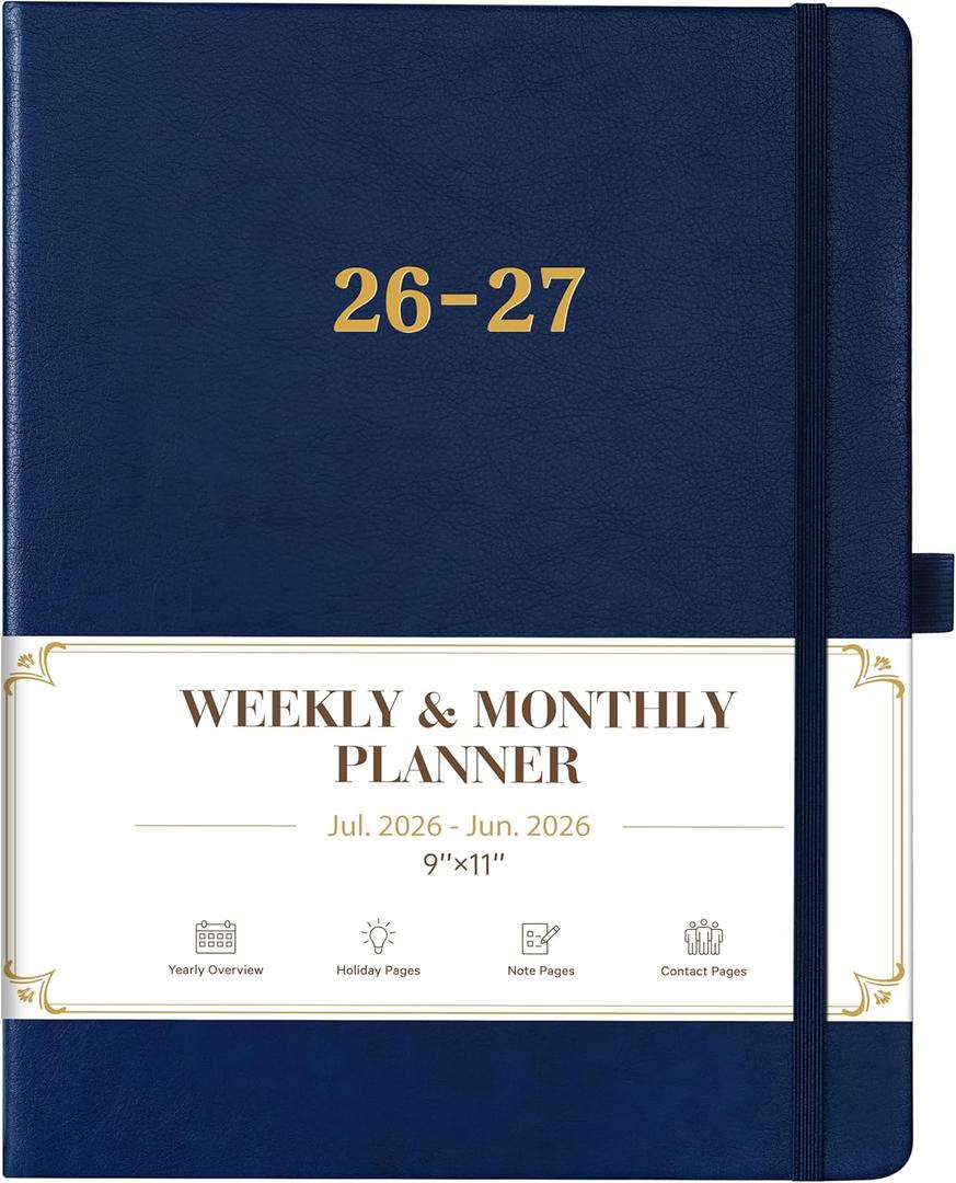 2026-2027 Planner - Planner 2026-2027, 8.5"x11", July 2026 - June 2027, Leather Calendar Weekly and Monthly Planner 26-27, Leather Hardcover, Pen Loop, Elastic Closure, Pocket - Navy