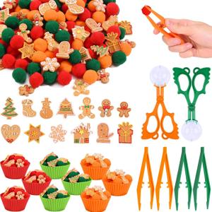 228 Pcs Christmas Fine Motor Toys Counting Sorting Gingerbread Sensory Bin Fillers Christmas Gingerbread Decorations Pompoms Gingerbread Man Cups Tweezers Scissor Clips for Xmas Winter Party Decor