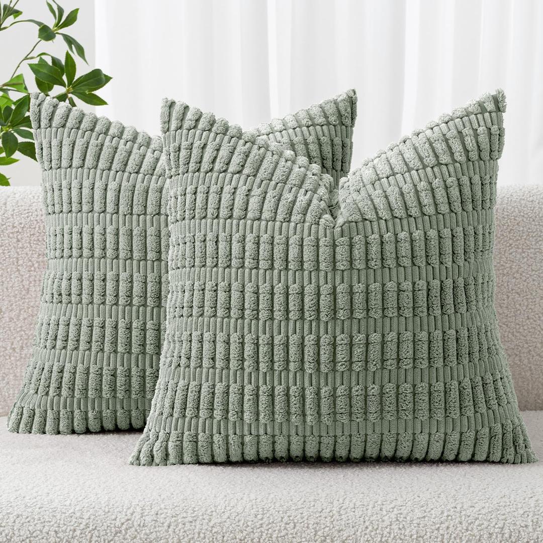 MIULEE Pack of 2 Spring Corduroy Decorative Throw Pillow Covers 20x20 Inch Soft Boho Striped Pillow Covers Modern Farmhouse Home Decor for Summer Sofa Living Room Couch Bed Greyish Green