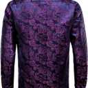 Mens Silk Paisley Dress Shirt Casual Button Down Shirt Long Sleeve Western Floral Shirts Wedding Party Holiday (Purple, XXL)