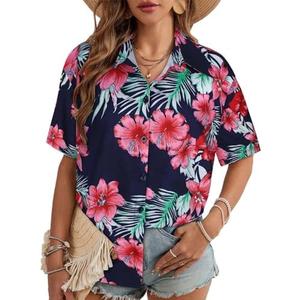 Women Hawaiian Shirt Button Down Summer Tops Beach Cool Short Sleeve V Neck Blouse size S