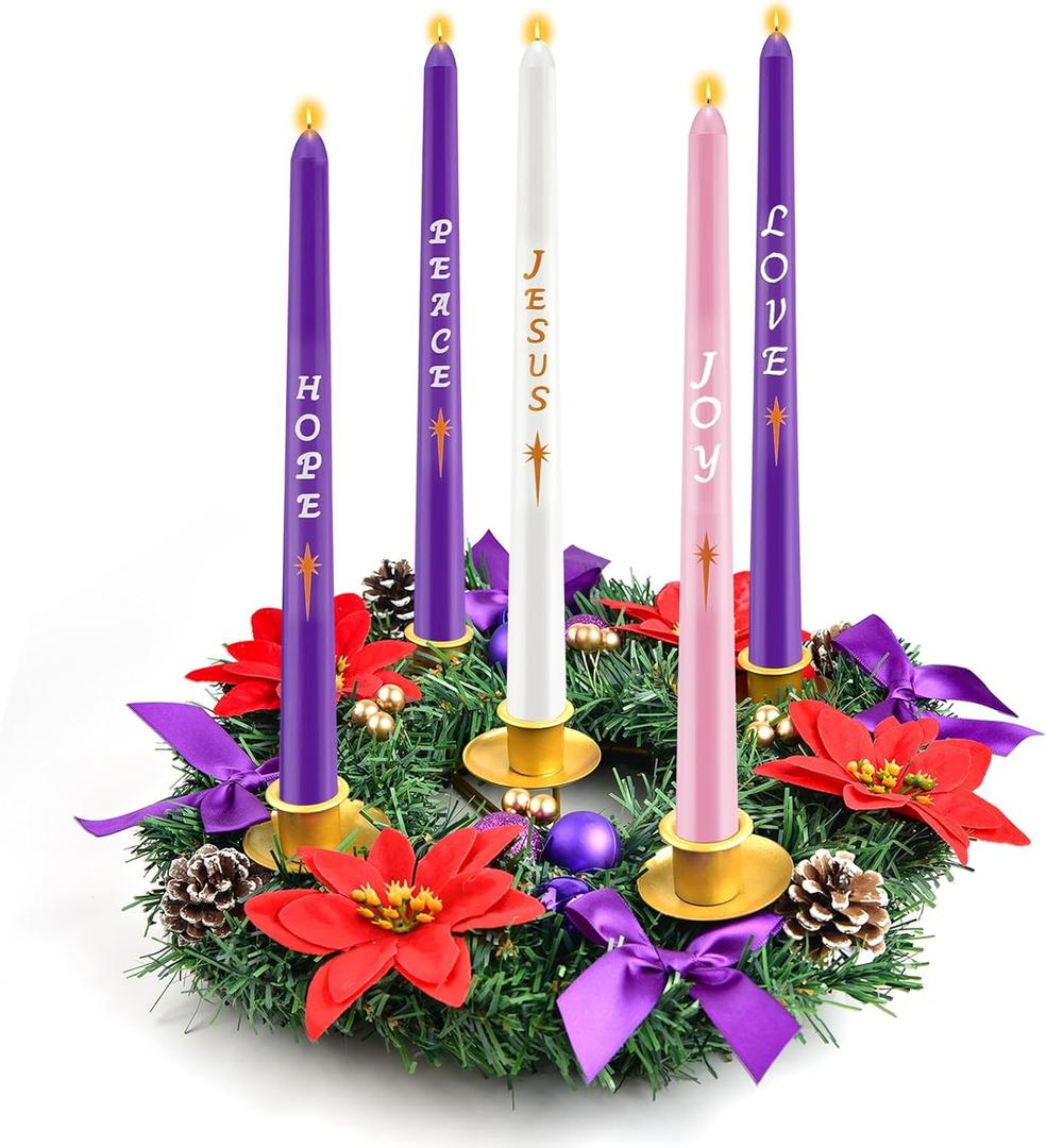 12 Inch Christmas Advent Wreath 5 Candle Holder with Metal Candle Cups for Taper Candles Fire Retardant Centerpiece Decorations for Table Indoor Home Church (No Candles)