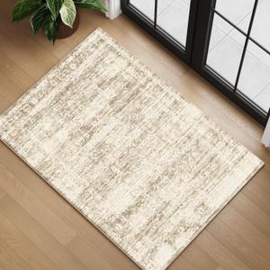 4x6 Washable Area Rug for Entryway Indoor, Neutral Boho Small Rugs for Living Room, Kitchen, Entrance, Girls Nursery, Laundry Room, Non Slip Low Pile Retro Ultra Soft Faux Wool Carpet, Beige