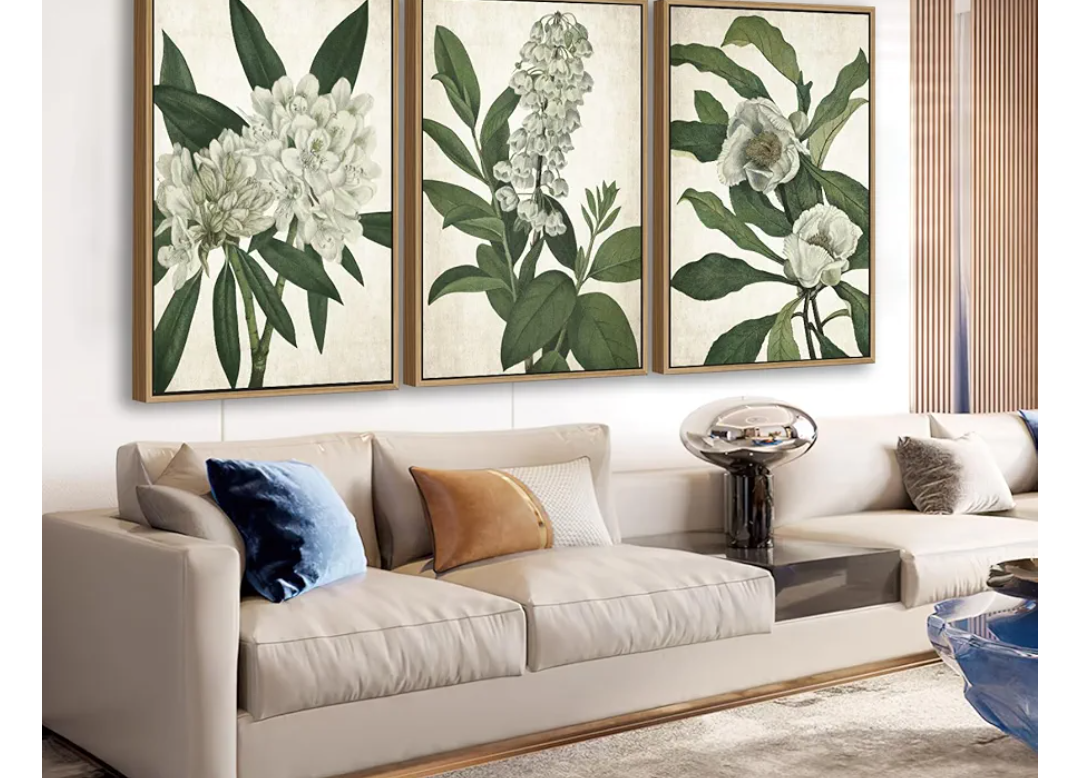 Large Framed Canvas Wall Art - Natural Float Framed White Flowers Green Leaves Pictures Decor Simple Botanical Plants Artwork for Living Room Bedroom Kitchen Home Office Decoration 48" X 24" Set of 3