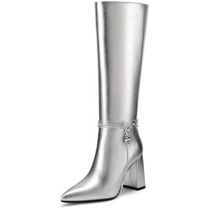 FINDVELL Silver Knee High Boots for Women Chunky Block Heel Tall Boots Pointed Toe Side Zipper Fashion Dress Long Boots Size 7
