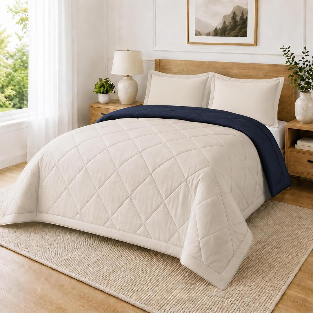 Reversible 3 Piece Full/Queen Comforter Set, Beige & Navy, Comforter 3 Pc - Full/Queen
