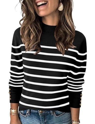 Qirno Women's Turtleneck Long Sleeve Striped Tops Mock Neck Knitted Casual Pullover Sweaters Shirts Black and White Striped Medium