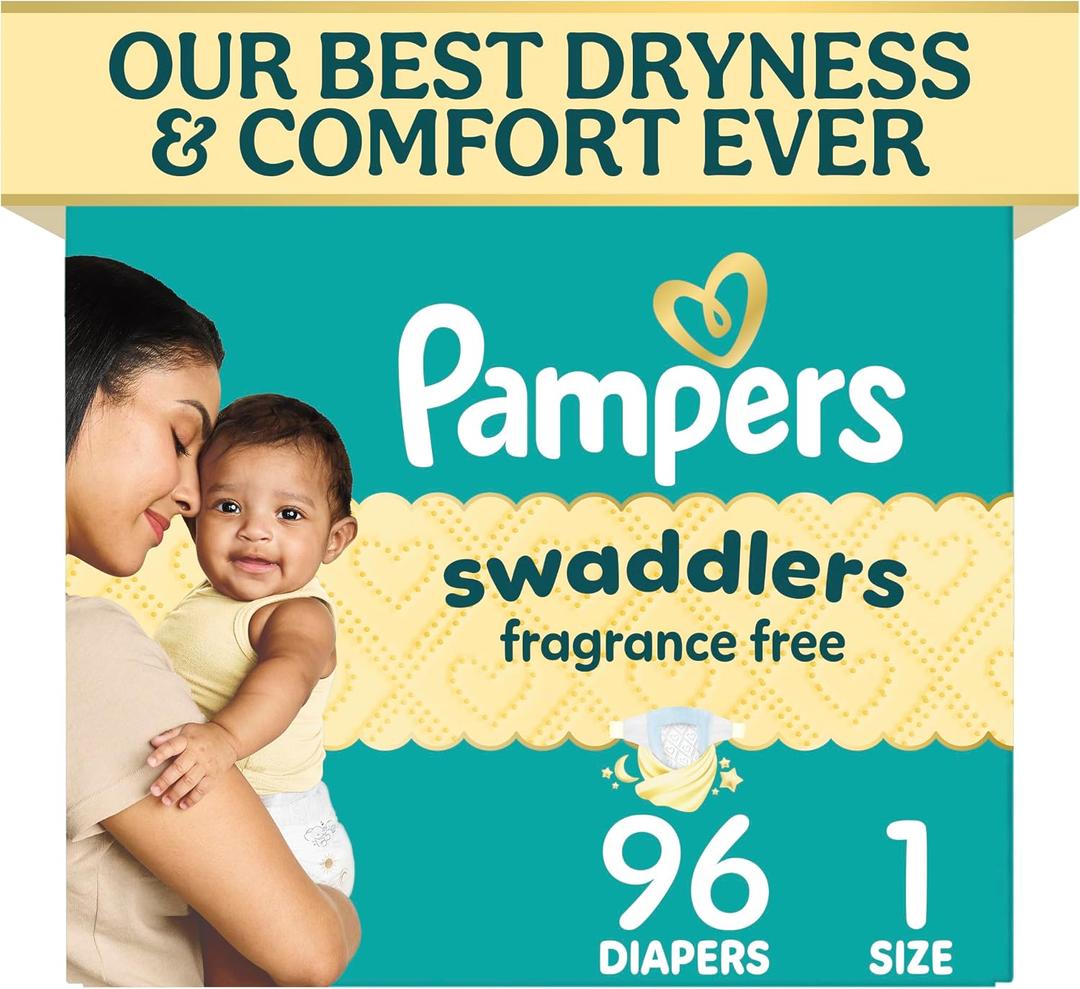 Pampers Swaddlers Diapers, Size 1 (8-14 lbs), 96 Count, Fragrance Free, Hypoallergenic, Absorbent, Pediatrician Recommended, Skin Safe