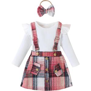 Baby Girl Clothes Sets: 3 Piece Skirt Sets Ribbed Top Plaid Skirts with Headband Fall Outfits for Toddler 6-48 Months (Pink)