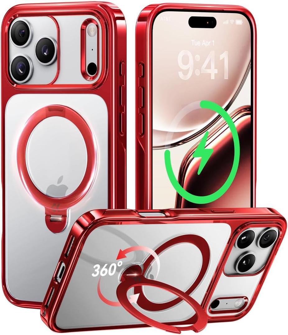 CASEKOO Christmas Merry Stand for iPhone 17 Pro Case [360 Spin Magnetic Kickstand][Fit for MagSafe][17FT Military Protection] Slim Polished Frame Titanium Alloy Sturdy Stand 6.3", Red