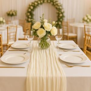 6 Pack Beige 10FT Cheesecloth Table Runner 120 Inch Soft Gauze Boho Table Runners for Baby Shower, Coastal Wedding, Modern Rustic Party Decor