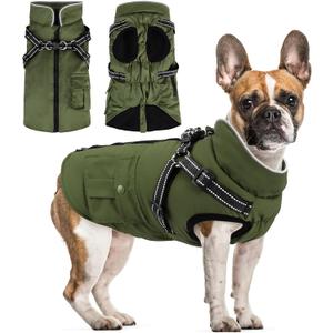 Dog Winter Coat with Harness Built-in | Waterproof Dog Jacket with Zipper & Fleece Lining | Reflective Cold Weather Coat for Small Medium Large Dogs (Army Green)