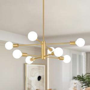 AMZASA Gold Sputnik Chandelier 8 Light Modern Industrial Mid Century Modern Light Fixture for Dining Room Kitchen Living Room Entryway Bedroom Plating Shining Gold Finished UL Listed (Gold 8 Lights)