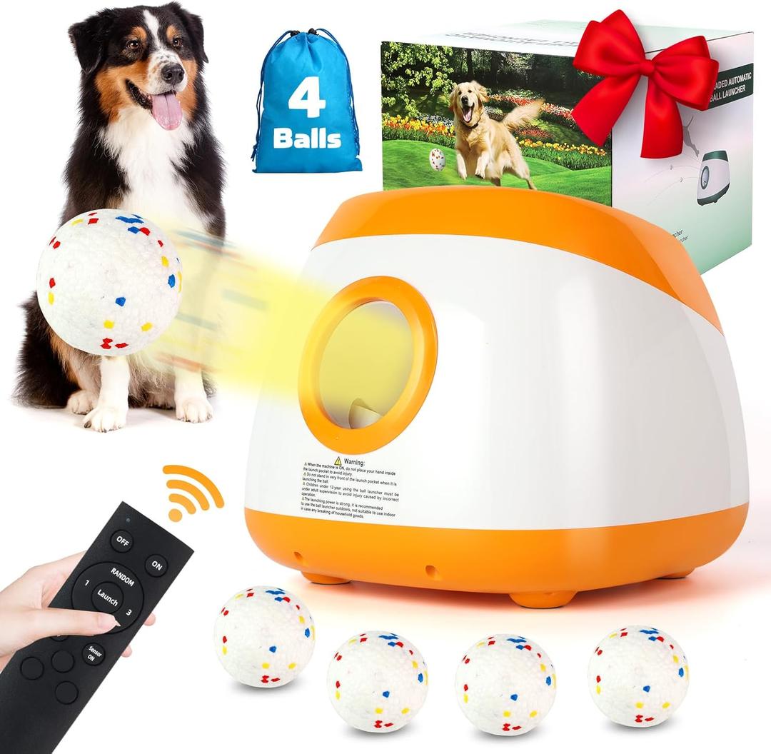Automatic Ball Launcher for Dogs, Dog Ball Thrower with 40-60-80Ft Distance, Rechargeable Automatic Launcher with 4 Balls (2.5"), Remote Control Launcher for Medium & Large (Orange)