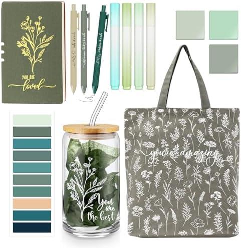 Singhoow 14 Pcs Inspirational Journal Kit for Women Aesthetic A6 Leather Journal Notebook Glass Cup Canvas Tote Bag Motivational Pens Thank You Gifts for Teacher School Student Study Supplies(Green) (No Cup)
