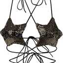 Women's Glitter Sequin Star Bra Top Halter Lace Up Crop Top Bralette Bandeau Camisole Rave Clubwear